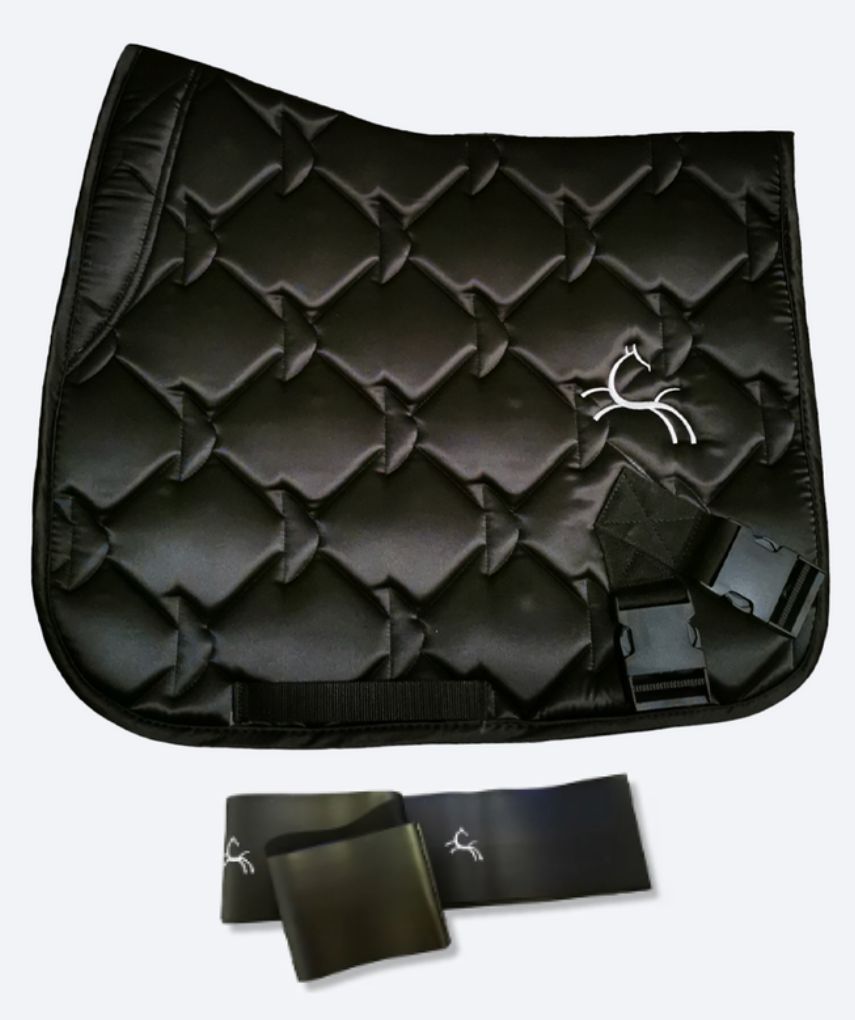 Black quilted saddle pad with a logo on a white background