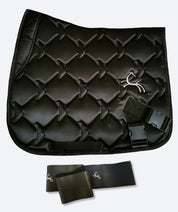 Black quilted saddle pad with a logo on a white background