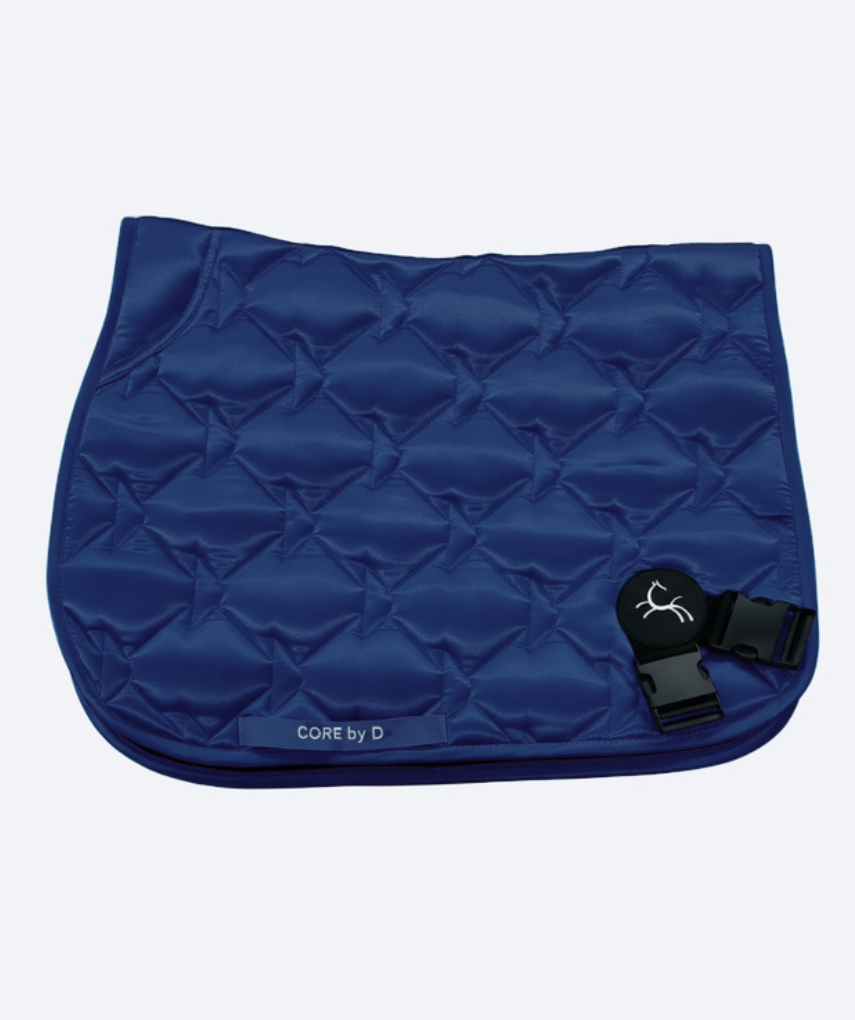 Blue quilted saddle pad with a brand logo on a white background