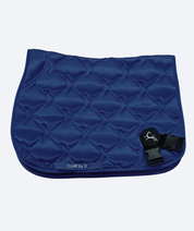 Blue quilted saddle pad with a brand logo on a white background